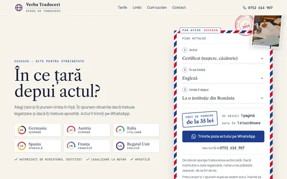 Varianta Par avion pentru Verba Traduceri, pe ecran de calculator