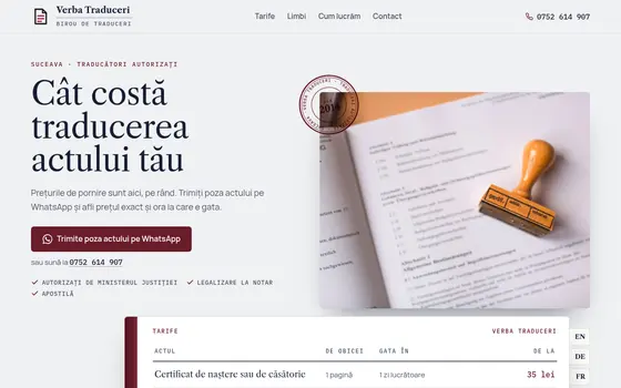 Varianta Registrul de tarife pentru Verba Traduceri, pe ecran de calculator