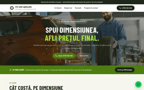 Varianta Prețuri pe dimensiune pentru Pit Stop Anvelope, pe ecran de calculator